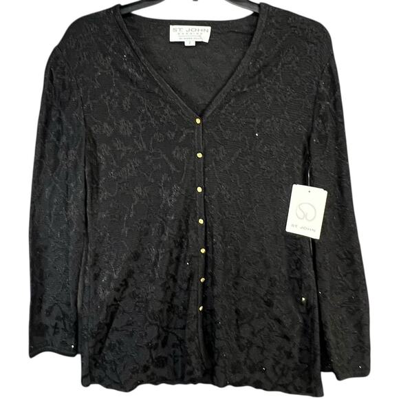 St John Evening Cardigan 2 Black Sparkly Metallic Sweater Quiet Luxury Vintage - Picture 2 of 16